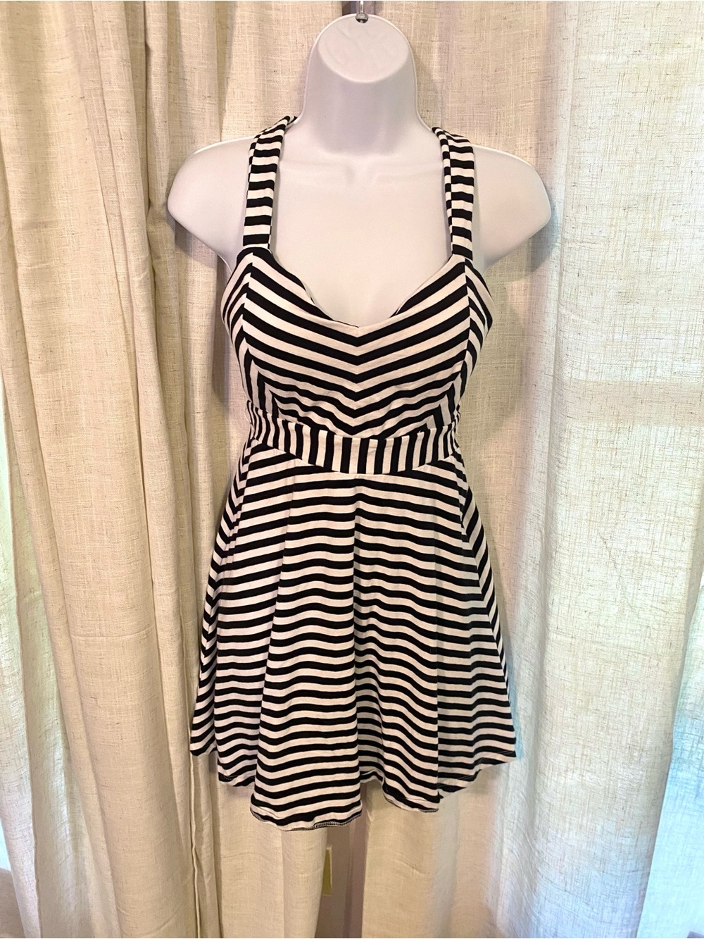 Candie’s Black + White Striped Skater Halter Flair Dress Bow-Back Rockabilly S